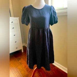 Navy & White Pattern Dress with Puffy Sleeves